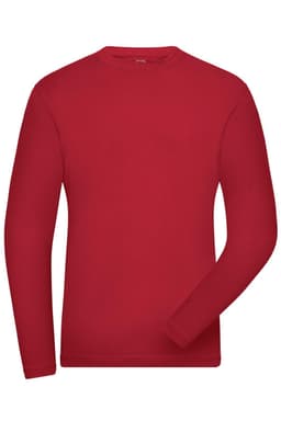 A red long-sleeve t-shirt for men, featuring a fitted design and a subtle logo.