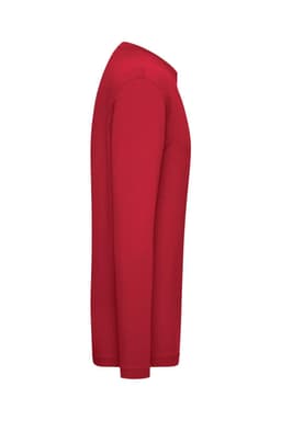 A long-sleeved red shirt with a slim fit and a branding logo on the side.