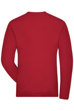 A red long-sleeve T-shirt with a round neckline and a plain back. Includes a logo.
