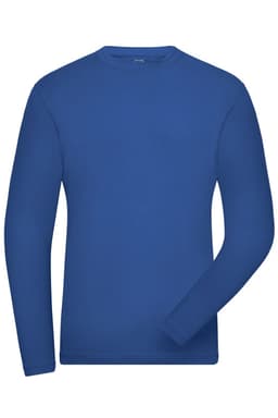 A blue long-sleeve T-shirt with a crew neck and a logo on the label.