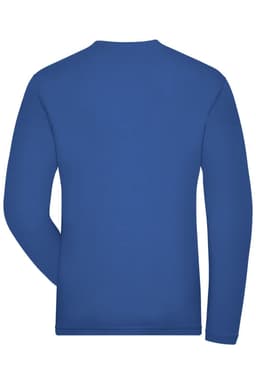 A blue long-sleeve men's t-shirt featuring a solid design and branding on the label.