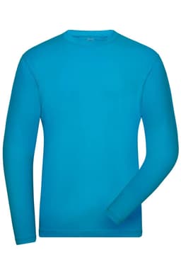 A long-sleeved t-shirt in bright blue featuring a simple design and a logo. It has a comfortable stretch material.