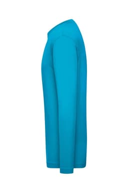A blue long-sleeved shirt with a fitted design, featuring a logo on the side.
