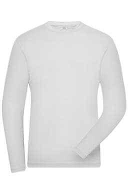 A long-sleeved white men's t-shirt with a logo on the front. Made from stretch fabric.