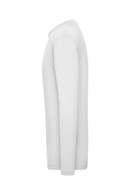A long-sleeve men's t-shirt in white, featuring a fitted design and logo on the side.