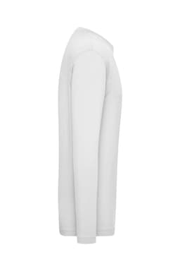 A long-sleeve white t-shirt featuring a logo, designed for men's casual wear.