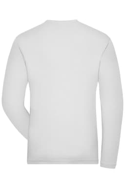A white long-sleeved shirt with a fitted design and a small logo on the back.