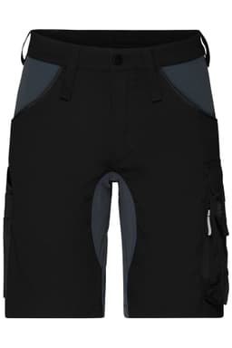 A pair of black work shorts with dark grey panels and multiple pockets, featuring a logo on the waistband.
