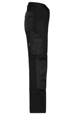Black stretch-work pants with multiple pockets and a sleek design. Features a logo on the fabric.