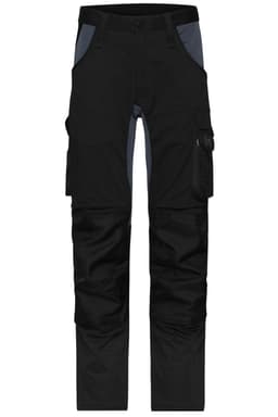 Black work pants featuring cargo pockets and a logo, designed for comfort and stretch.