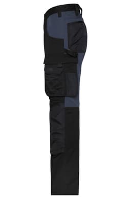 Workwear stretch pants in black and navy, featuring multiple pockets and a rugged design. Includes branding.
