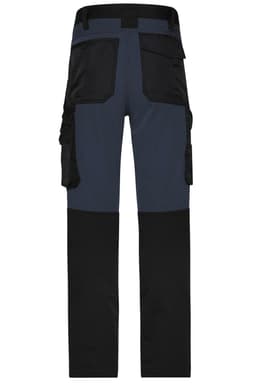 Workwear stretch-pants featuring a combination of navy and black, with multiple pockets and a logo.