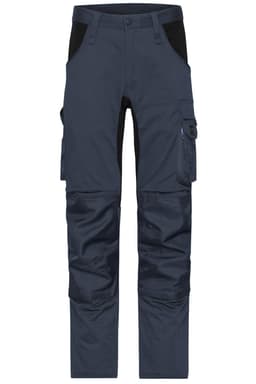 Navy blue work pants with black accents and multiple pockets, featuring a logo on the waistband.