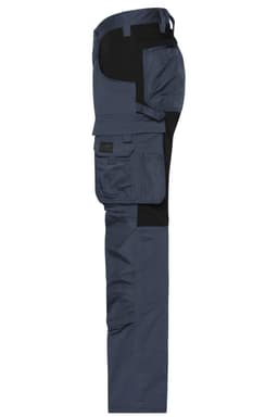 A pair of navy work pants featuring black accents and multiple pockets. The design includes a logo on the waistband.