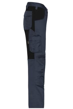 A side view of navy workpants with black accents and multiple pockets, featuring a logo.