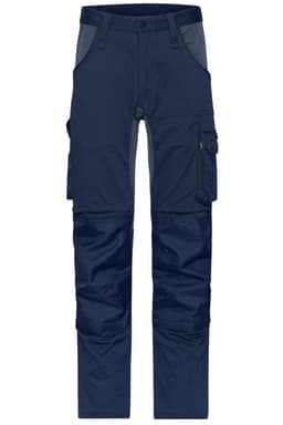 Navy work pants with multiple pockets and a logo, featuring stretch material and a modern design.