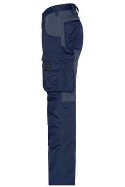 Navy blue work pants featuring multiple pockets and a grey panel design, with branding present.
