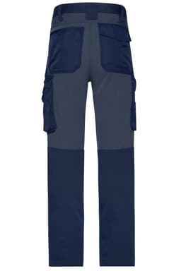 Workwear Stretch-Pants in navy and grey, featuring multiple pockets and a durable design, with a logo on the waistband.