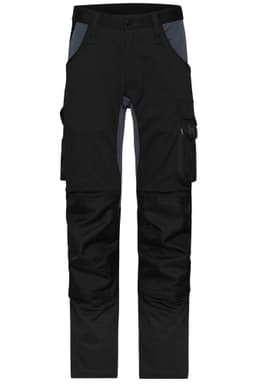 Black work pants with grey accents, featuring multiple pockets and a logo. Suitable for workwear applications.