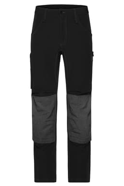 Workwear pants in black with grey accents and 4-way stretch material, featuring pockets and a sleek design.