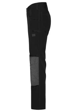 A pair of black work pants with 4-way stretch and grey accents, featuring pockets and a logo.