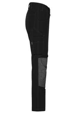 A pair of black workwear pants with grey accents and multiple pockets, featuring a 4-way stretch design.