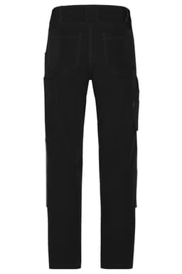 Black workwear pants with a 4-way stretch feature, showcasing pockets and a fitted design from the back.