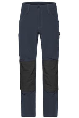 Workwear pants in navy with black knee patches, featuring a sleek design and a logo on the side.