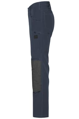 Workwear pants in dark navy with 4-way stretch and grey accents on the lower leg. Features pockets and a logo.