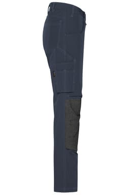 Workwear pants in navy blue with grey accents, featuring multiple pockets and a 4-way stretch design.