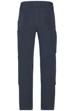Navy work pants with a 4-way stretch design, featuring multiple pockets and a logo on the waistband.