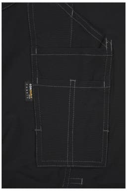 Black workwear pants featuring multiple pockets and contrasting stitching, with a brand logo present.