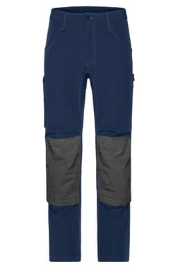 Workwear pants in navy with grey knee panels, featuring a sleek design and multiple pockets. Includes a logo.