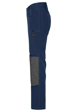 Navy workwear pants with 4-way stretch design and a grey knee patch. Features pockets and a logo.