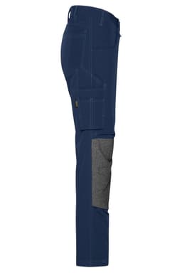 Navy blue work pants featuring a 4-way stretch design and a grey panel on the side, complete with a branding logo.