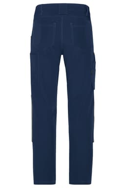 Navy workwear pants with a 4-way stretch feature, showcasing a back view with multiple pockets.