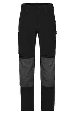 Black work pants featuring 4-way stretch fabric with grey accents and multiple pockets. Includes a logo.