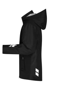 A black Hardshell Workwear Jacket with a hood, featuring reflective details and a sleek design.
