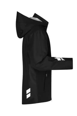 A black hardshell workwear jacket with a hood and white reflective detailing on the sleeves.