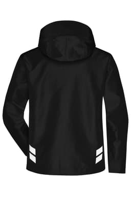 A black hardshell workwear jacket featuring a hood and reflective stripes on the back. It has a logo on the design.