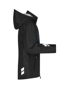 A black hardshell workwear jacket with a hood and reflective elements on the sleeves. It features a zippered front.