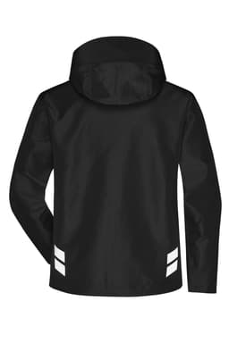 A black hardshell workwear jacket with a hood and reflective stripes on the back. It features a logo.