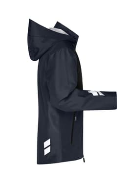 A navy blue hardshell workwear jacket with a hood and reflective accents, featuring a logo on the sleeve.