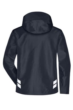 A navy hardshell workwear jacket with a hood and reflective detailing on the sleeves. Features a logo on the back.