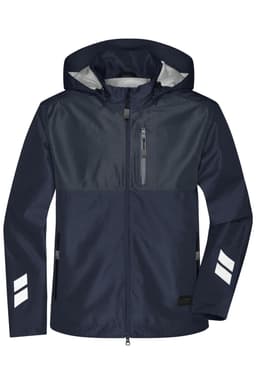 A navy hardshell workwear jacket with a hood, featuring reflective accents and zippered pockets.