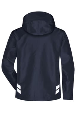 A navy Hardshell Workwear Jacket with reflective stripes and a hood, featuring a logo on the back.