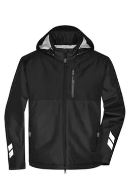 A black padded hardshell workwear jacket with a hood, featuring reflective accents and a zippered chest pocket.