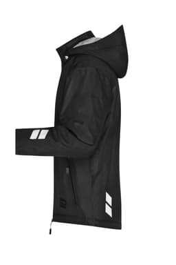 A black padded hardshell workwear jacket with a hood and reflective detailing. It features a branded logo.