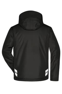 A padded hardshell workwear jacket in black with reflective detailing and a hood. Features a logo on the back.