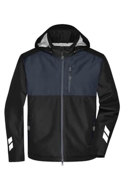 A padded hardshell workwear jacket featuring a navy and black design with a hood and reflective accents.